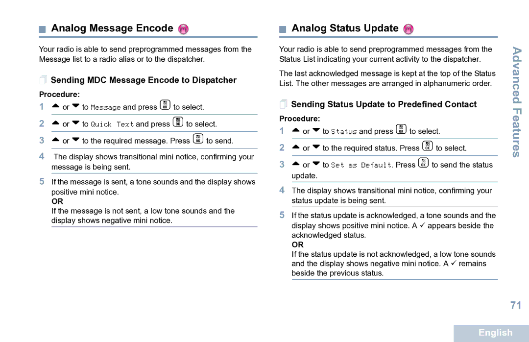 Motorola XPR 7550 manual Analog Message Encode, Analog Status Update,  Sending MDC Message Encode to Dispatcher 