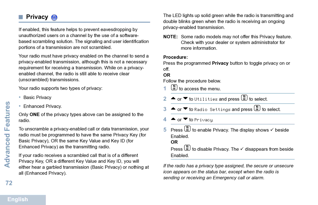 Motorola XPR 7550 manual Privacy 