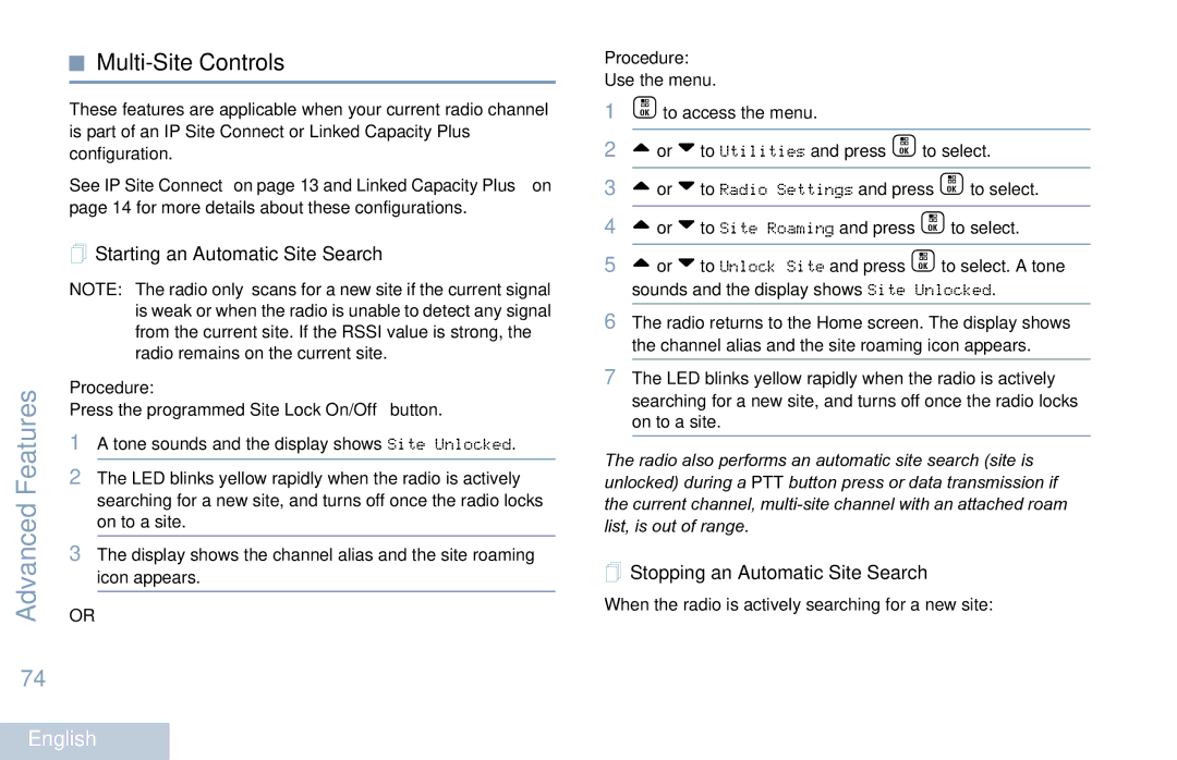 Motorola XPR 7550 manual Multi-Site Controls,  Starting an Automatic Site Search,  Stopping an Automatic Site Search 