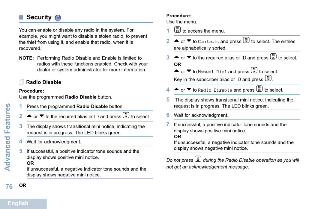 Motorola XPR 7550 manual Security,  Radio Disable 