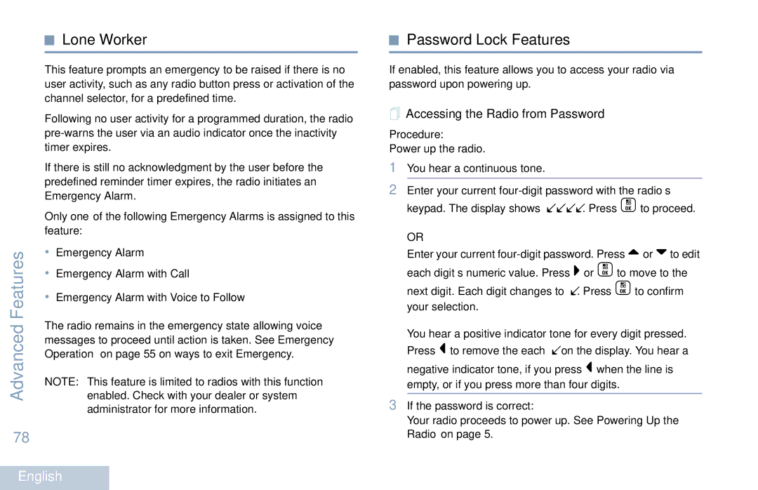 Motorola XPR 7550 manual Lone Worker, Password Lock Features,  Accessing the Radio from Password 