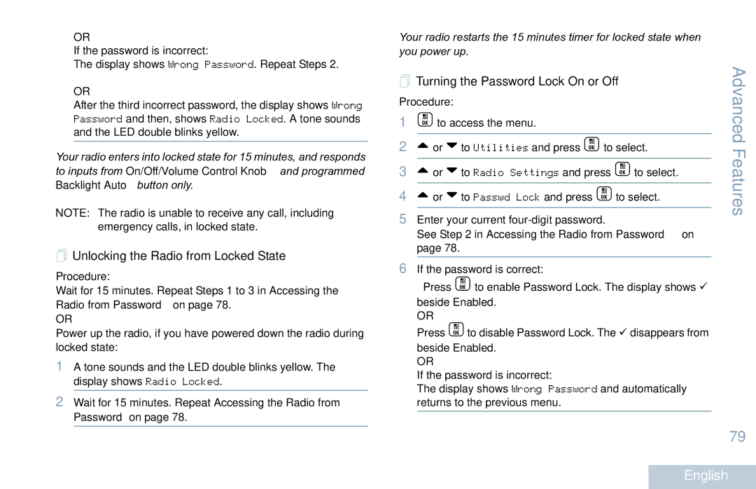 Motorola XPR 7550 manual  Unlocking the Radio from Locked State,  Turning the Password Lock On or Off 