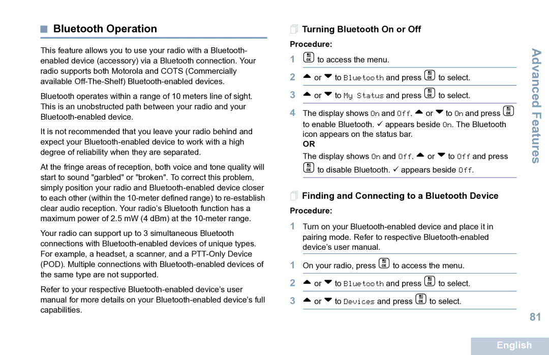 Motorola XPR 7550 manual Bluetooth Operation,  Turning Bluetooth On or Off,  Finding and Connecting to a Bluetooth Device 