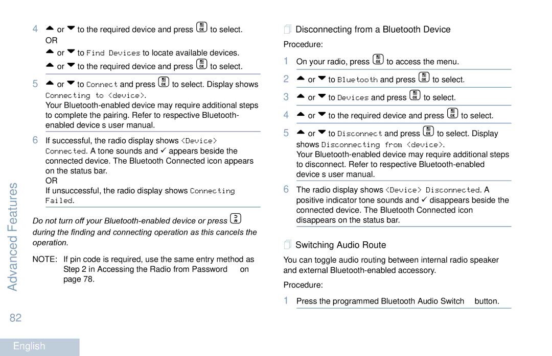 Motorola XPR 7550 manual  Disconnecting from a Bluetooth Device,  Switching Audio Route 