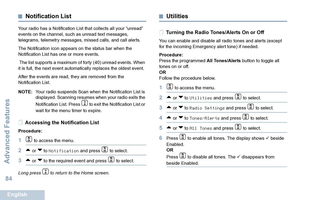 Motorola XPR 7550 manual Utilities,  Accessing the Notification List,  Turning the Radio Tones/Alerts On or Off 