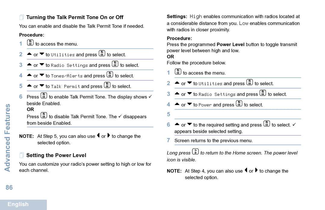 Motorola XPR 7550 manual  Turning the Talk Permit Tone On or Off,  Setting the Power Level 