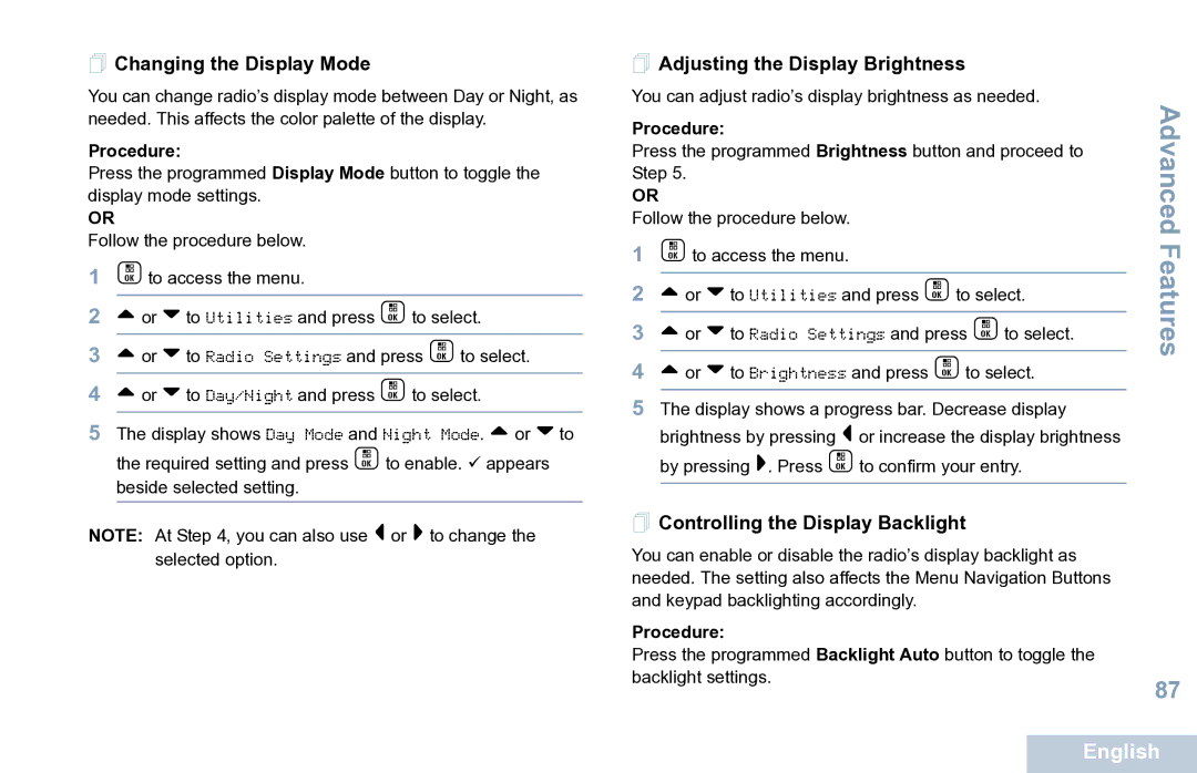 Motorola XPR 7550  Changing the Display Mode,  Adjusting the Display Brightness,  Controlling the Display Backlight 