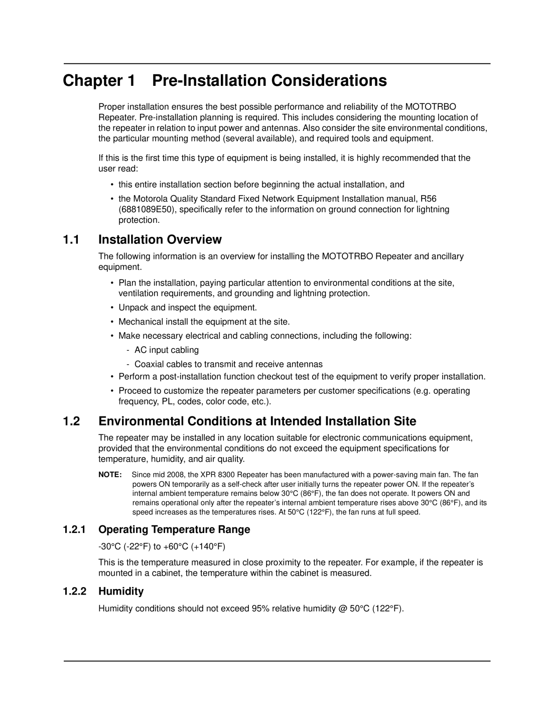 Motorola XPR 8300 manual Pre-Installation Considerations, Installation Overview, Operating Temperature Range, Humidity 