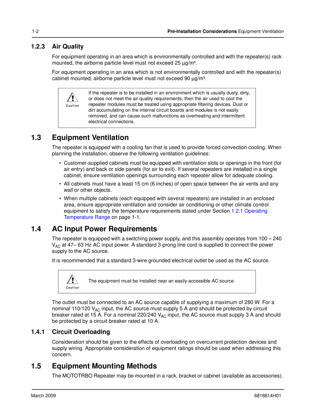 Motorola XPR 8300 manual Equipment Ventilation, AC Input Power Requirements, Equipment Mounting Methods, Air Quality 