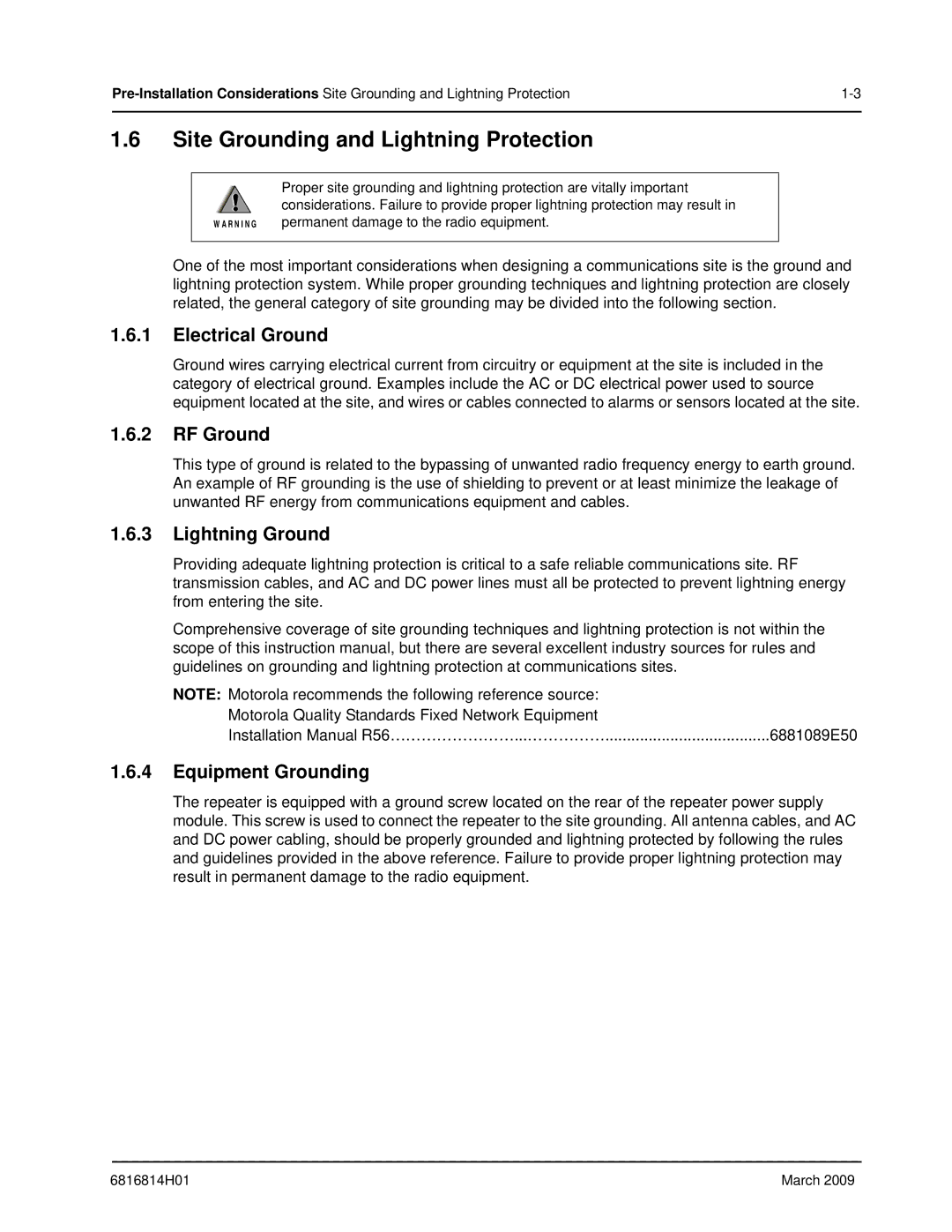 Motorola XPR 8300 manual Site Grounding and Lightning Protection, Electrical Ground, RF Ground, Lightning Ground 