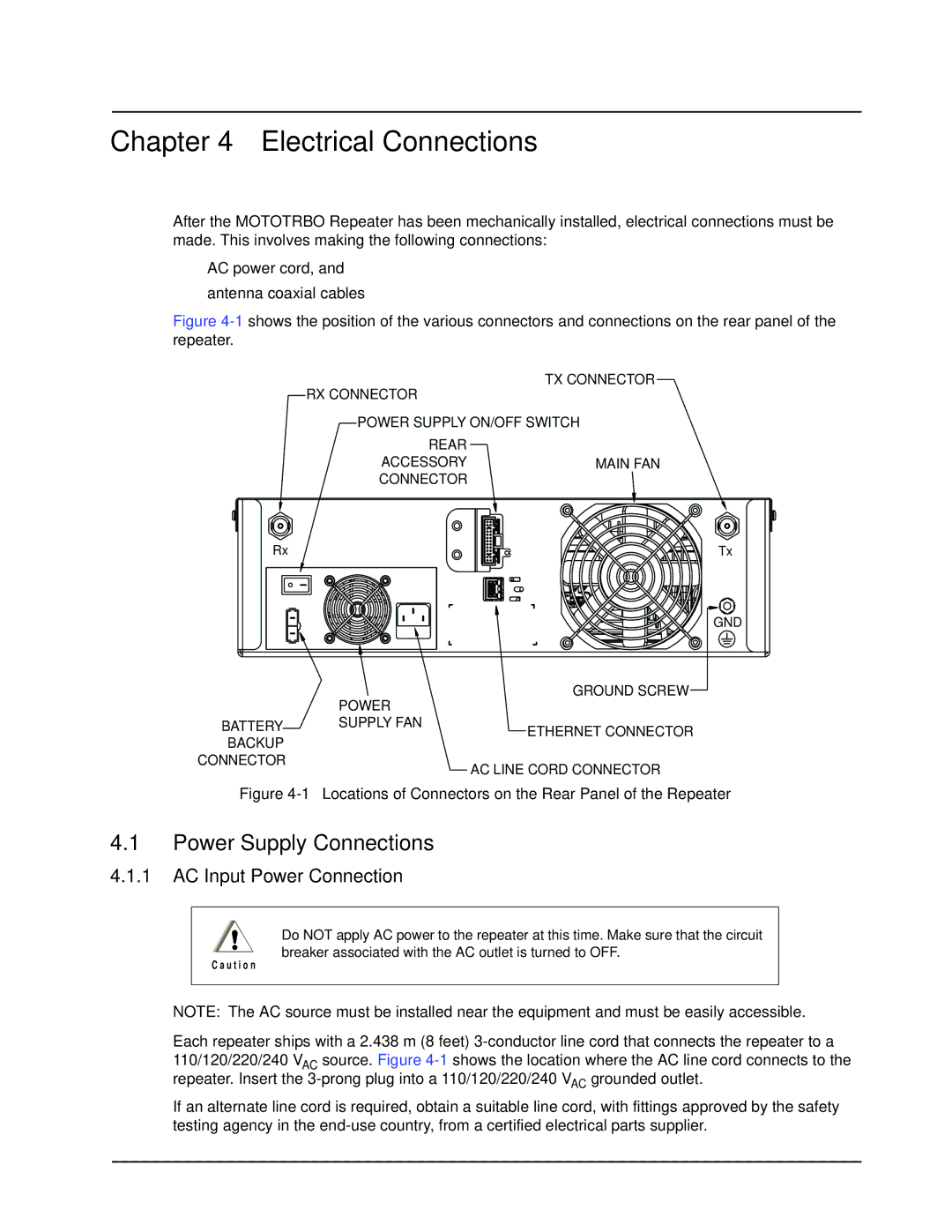 Motorola XPR 8300 manual Electrical Connections, Power Supply Connections, AC Input Power Connection 