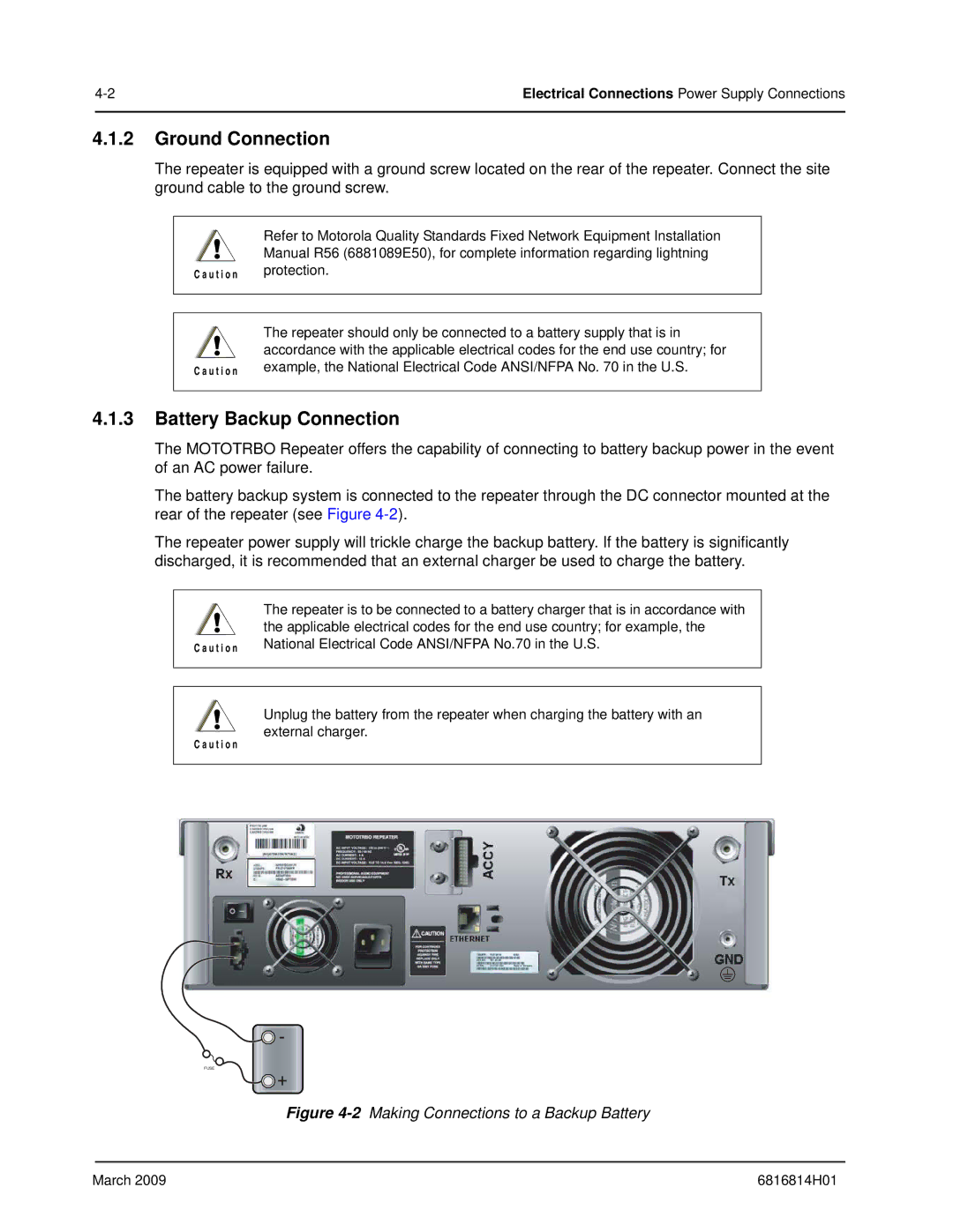 Motorola XPR 8300 manual Ground Connection, Battery Backup Connection 