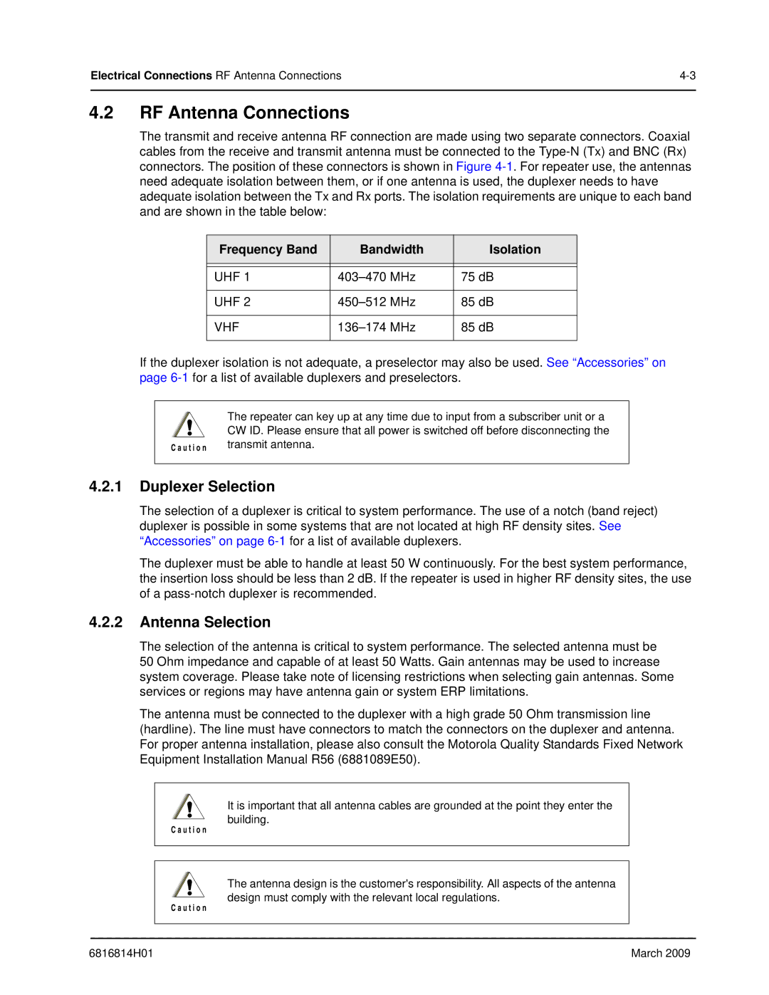 Motorola XPR 8300 manual RF Antenna Connections, Duplexer Selection, Antenna Selection 