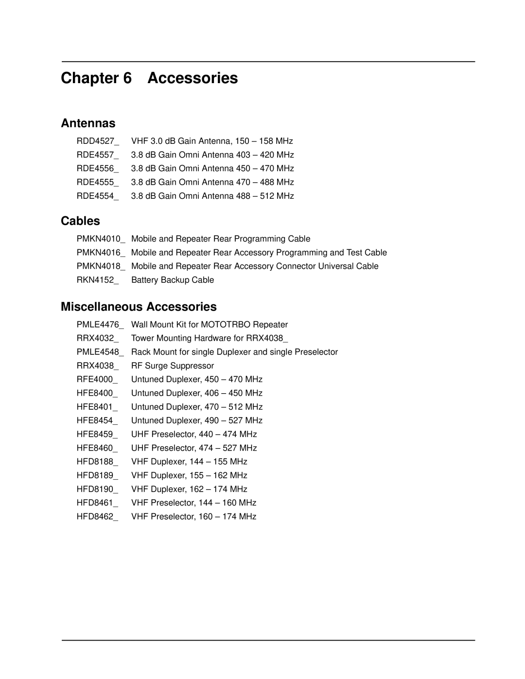 Motorola XPR 8300 manual Antennas, Cables, Miscellaneous Accessories 
