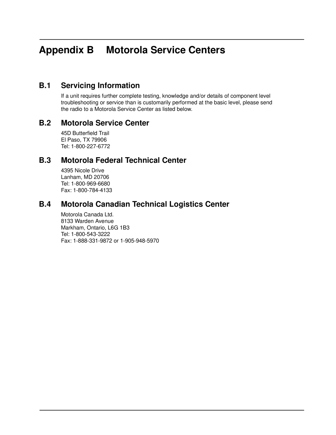 Motorola XPR 8300 manual Appendix B Motorola Service Centers, Servicing Information, Motorola Federal Technical Center 