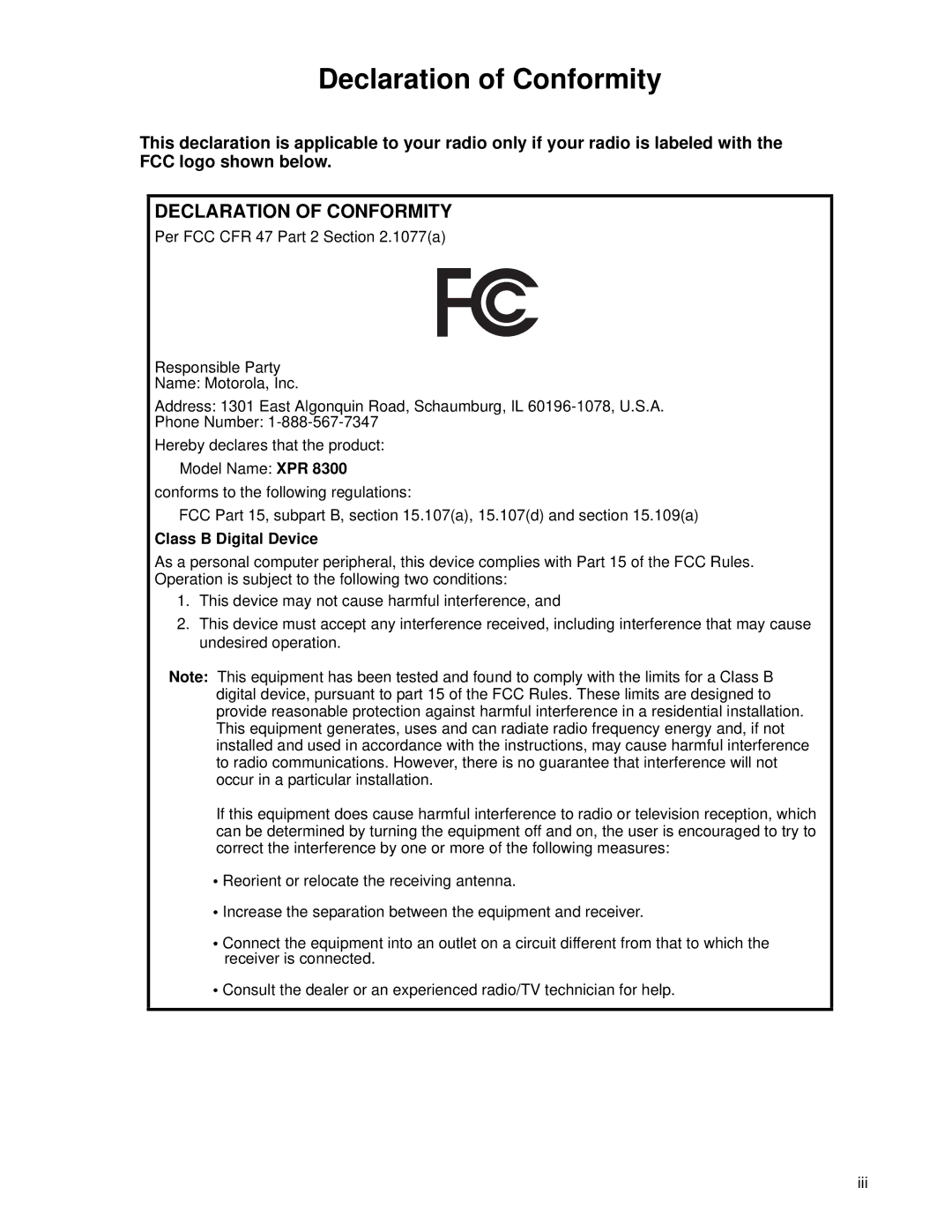 Motorola XPR 8300 manual Declaration of Conformity 