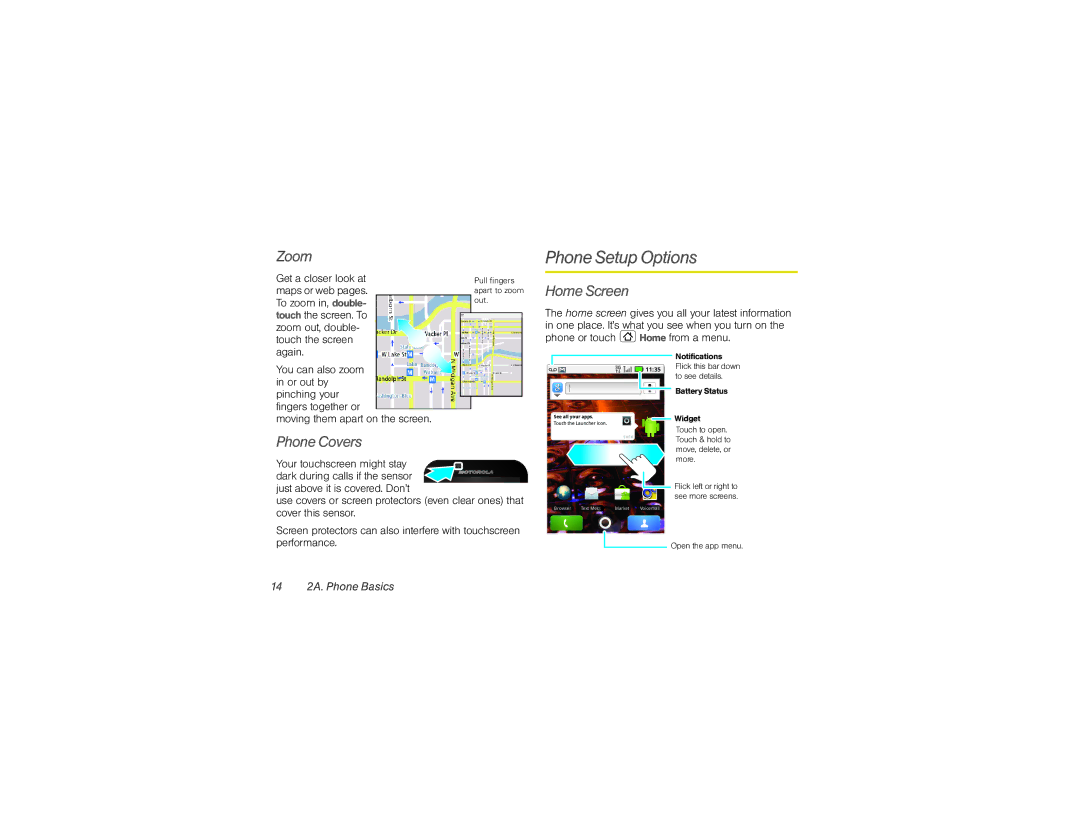 Motorola XPRT manual Phone Setup Options, Zoom, Home Screen, Phone Covers, 14 2A. Phone Basics 