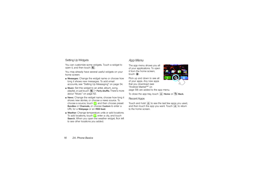 Motorola XPRT manual App Menu, SettingUpWidgets, Recent Apps, Weather Change temperature units or add locations 