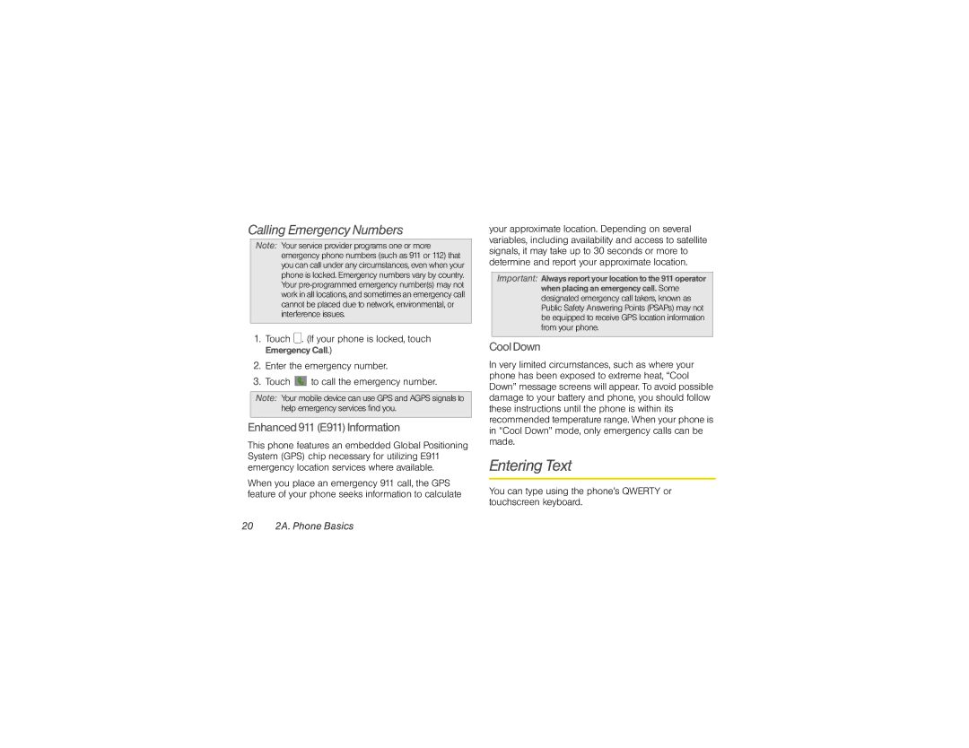 Motorola XPRT manual Entering Text, Calling Emergency Numbers, Enhanced911E911Information, CoolDown, 20 2A. Phone Basics 