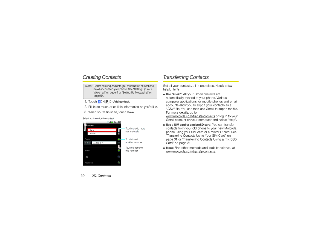 Motorola XPRT manual Creating Contacts Transferring Contacts, 30 2D. Contacts 