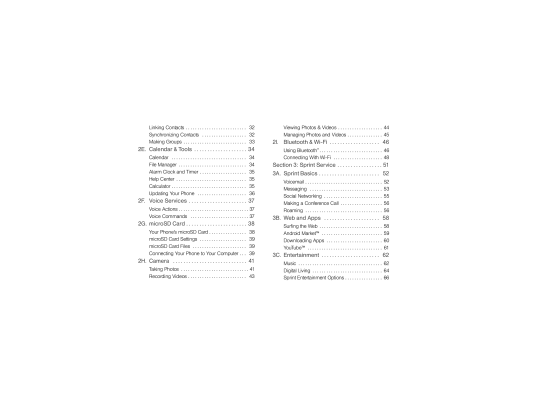 Motorola XPRT manual 2E. Calendar & Tools, 2F. Voice Services, 2G. microSD Card, 2H. Camera, 2I. Bluetooth & Wi-Fi 