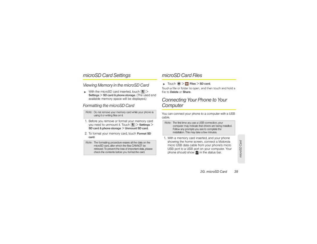 Motorola XPRT manual MicroSD Card Settings, MicroSD Card Files, Connecting Your Phone to Your Computer 