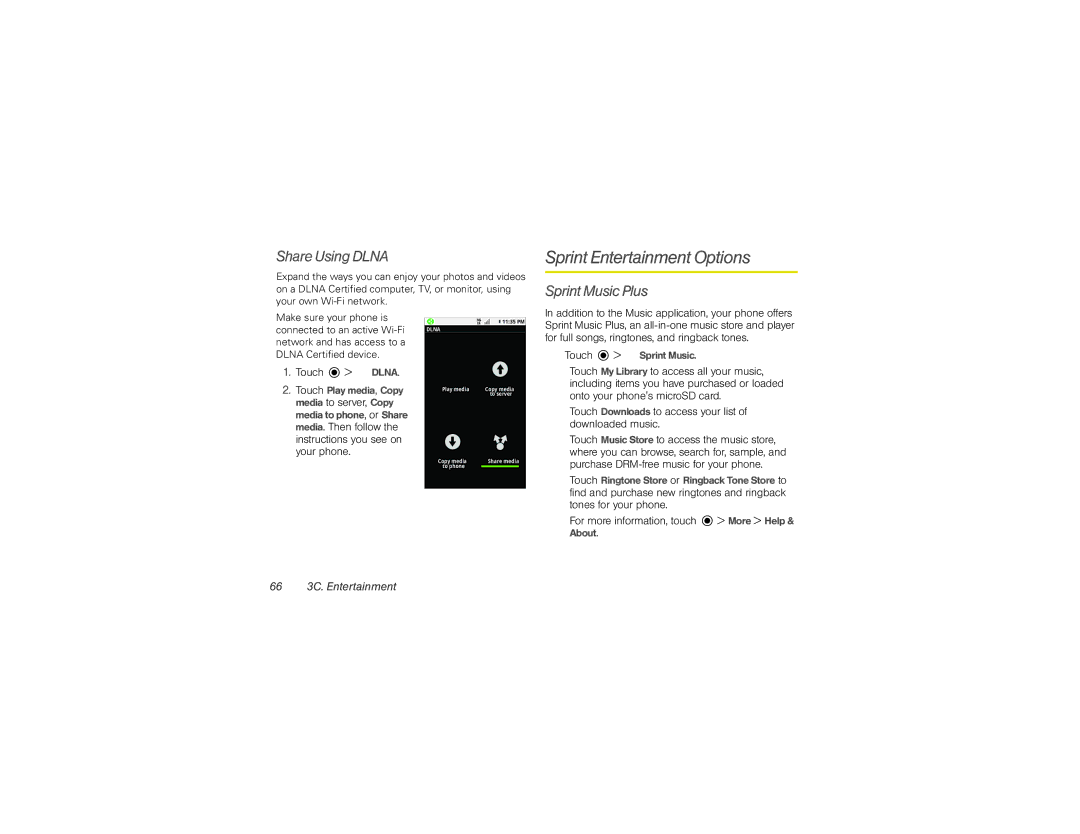 Motorola XPRT manual Sprint Entertainment Options, Share Using Dlna, Sprint Music Plus, Touch Dlna, 66 3C. Entertainment 