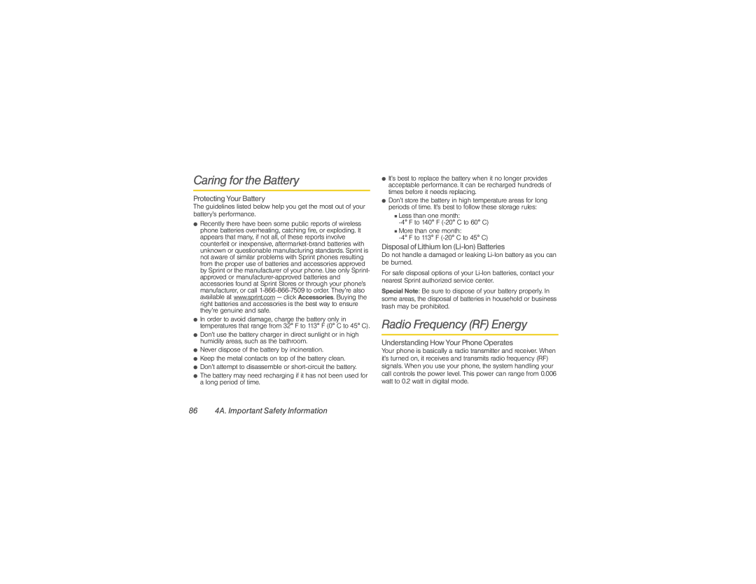 Motorola XPRT manual Caring for the Battery, Radio Frequency RF Energy, 86 4A. Important Safety Information 