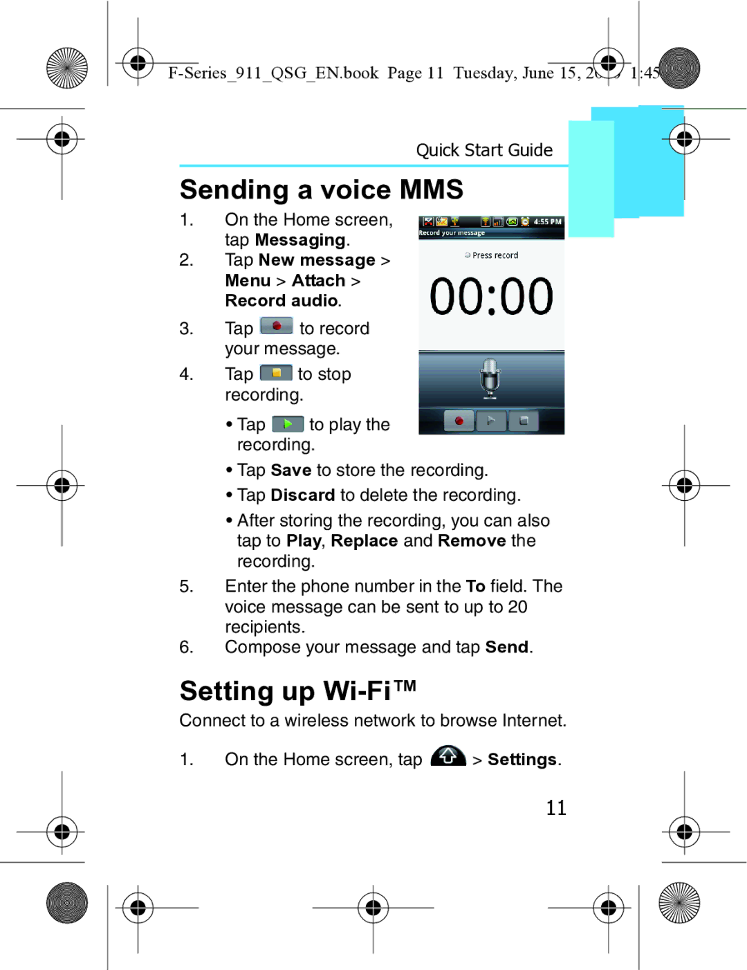 Motorola XT3 quick start Sending a voice MMS, Setting up Wi-Fi, Series911QSGEN.book Page 11 Tuesday, June 15 