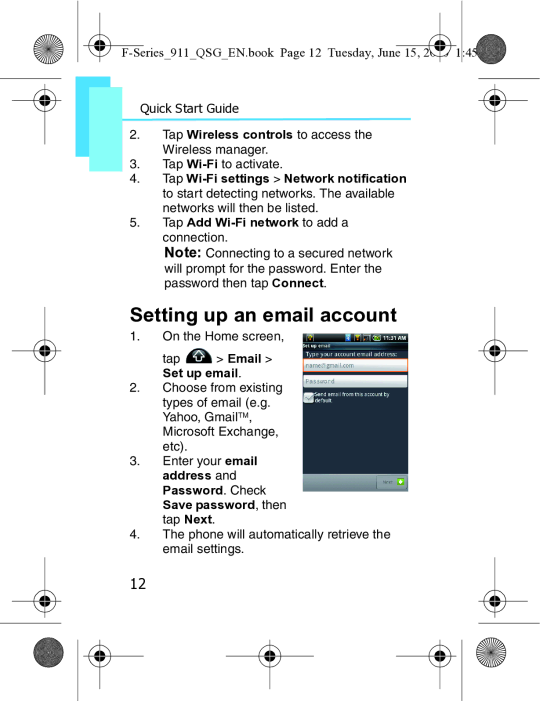 Motorola XT3 quick start Setting up an email account, Series911QSGEN.book Page 12 Tuesday, June 15, Set up email 