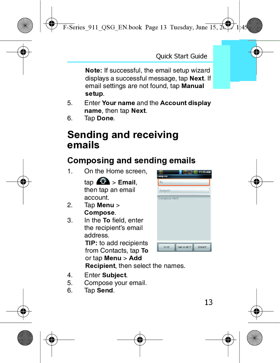 Motorola XT3 Sending and receiving emails, Composing and sending emails, Series911QSGEN.book Page 13 Tuesday, June 15 