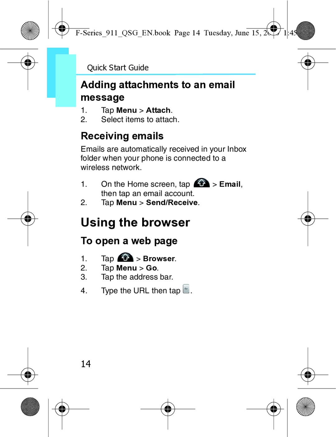 Motorola XT3 quick start Using the browser, Adding attachments to an email message, Receiving emails, To open a web 