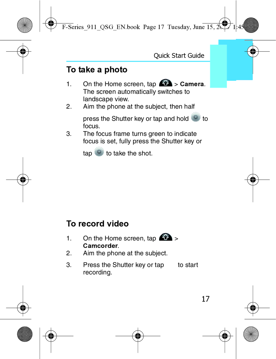 Motorola XT3 quick start To take a photo, To record video, Series911QSGEN.book Page 17 Tuesday, June 15, Camcorder 