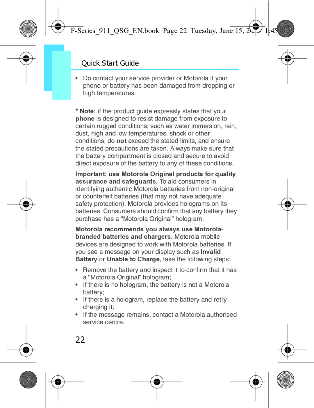 Motorola XT3 quick start Series911QSGEN.book Page 22 Tuesday, June 15 