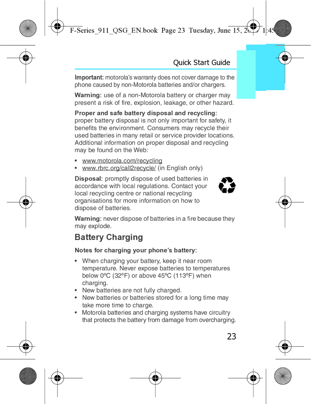 Motorola XT3 quick start Battery Charging, Series911QSGEN.book Page 23 Tuesday, June 15 