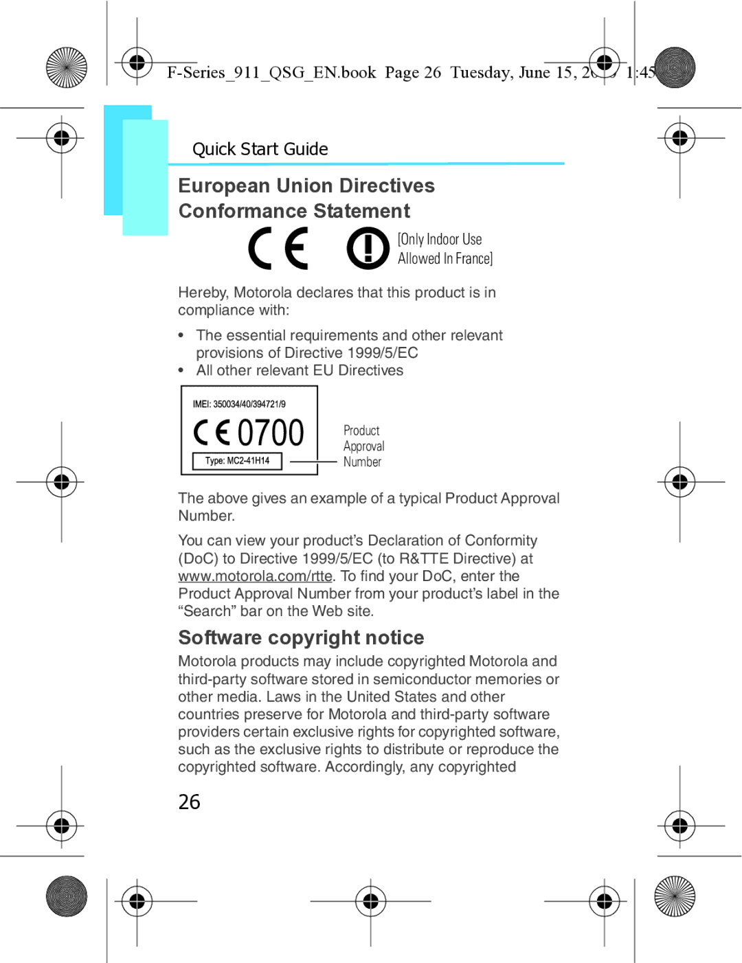 Motorola XT3 quick start Software copyright notice, Series911QSGEN.book Page 26 Tuesday, June 15 