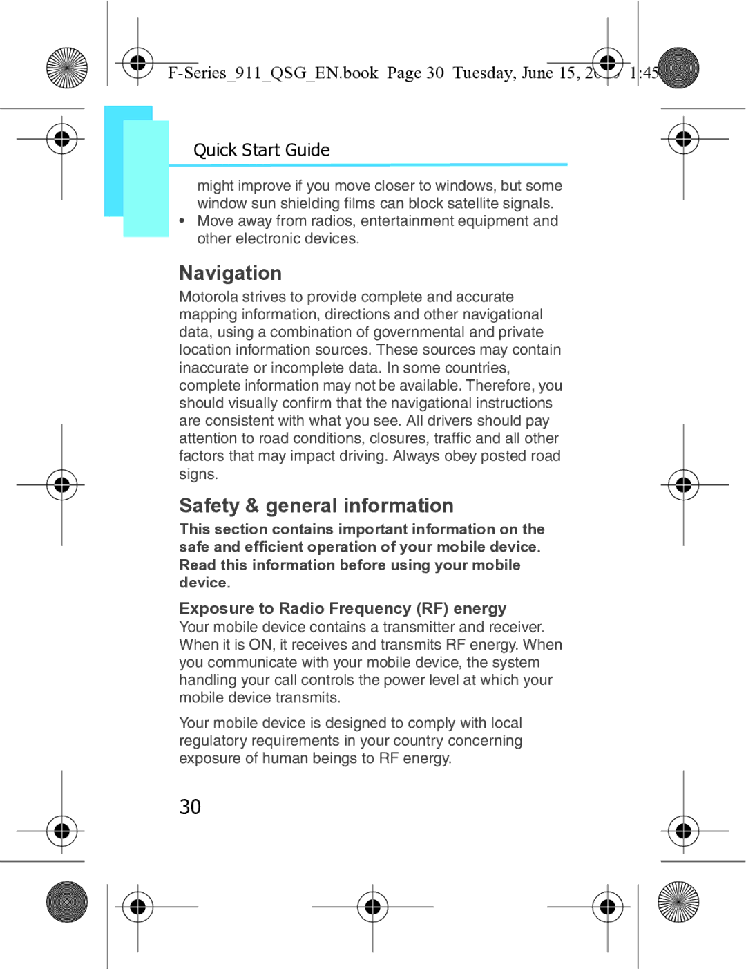 Motorola XT3 quick start Navigation, Safety & general information, Series911QSGEN.book Page 30 Tuesday, June 15 