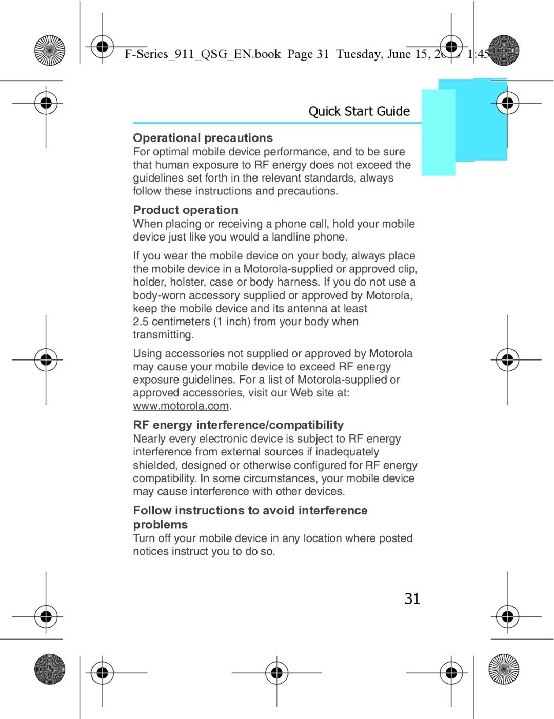 Motorola XT3 quick start Series911QSGEN.book Page 31 Tuesday, June 15, Operational precautions 