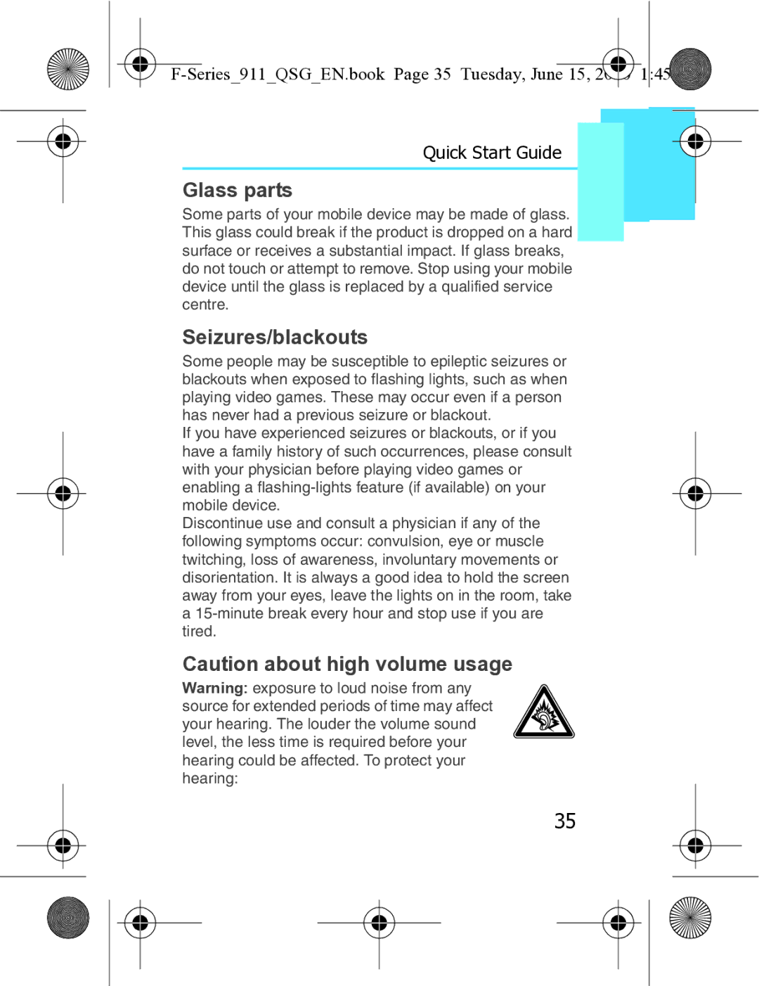 Motorola XT3 quick start Glass parts, Seizures/blackouts, Series911QSGEN.book Page 35 Tuesday, June 15 