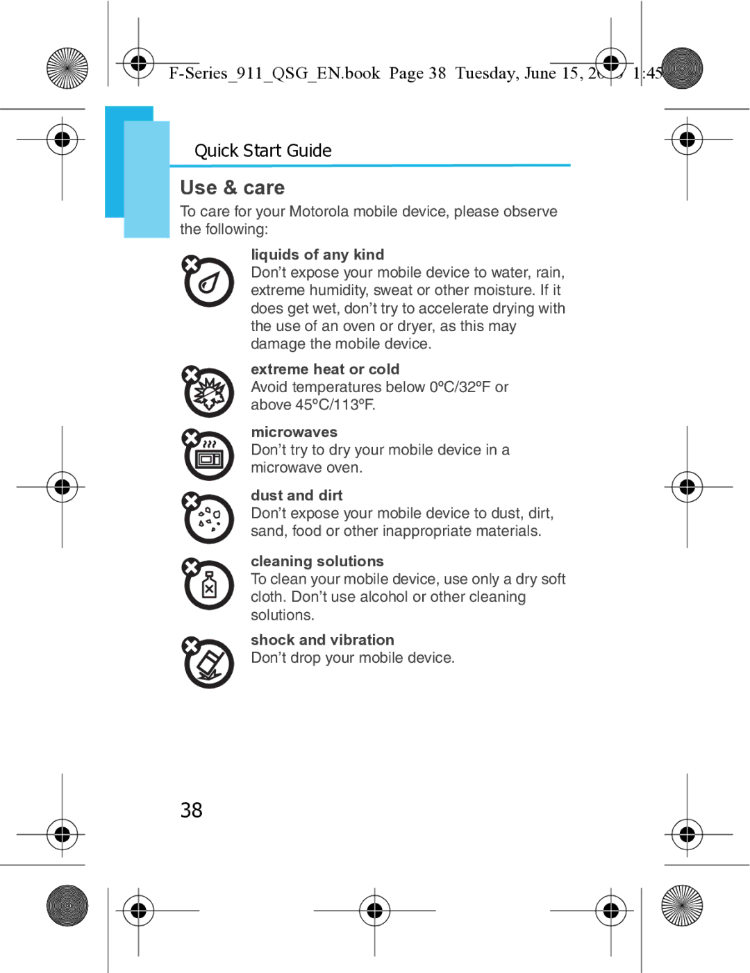 Motorola XT3 quick start Use & care, Series911QSGEN.book Page 38 Tuesday, June 15 