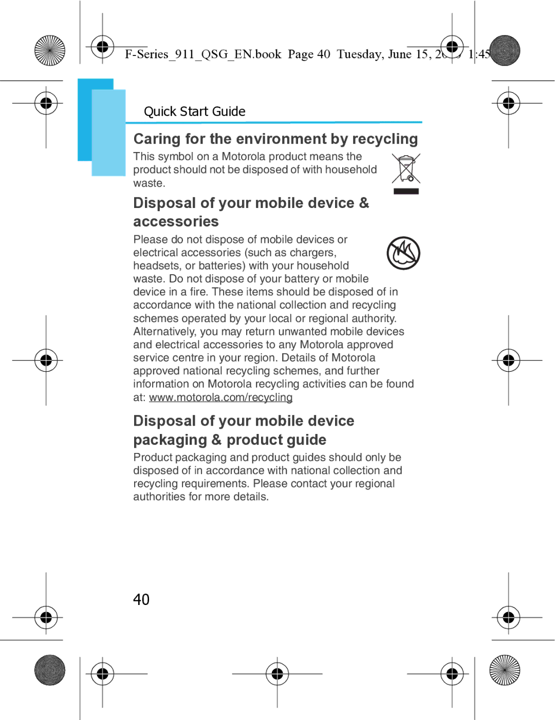 Motorola XT3 quick start Caring for the environment by recycling, Disposal of your mobile device & accessories 