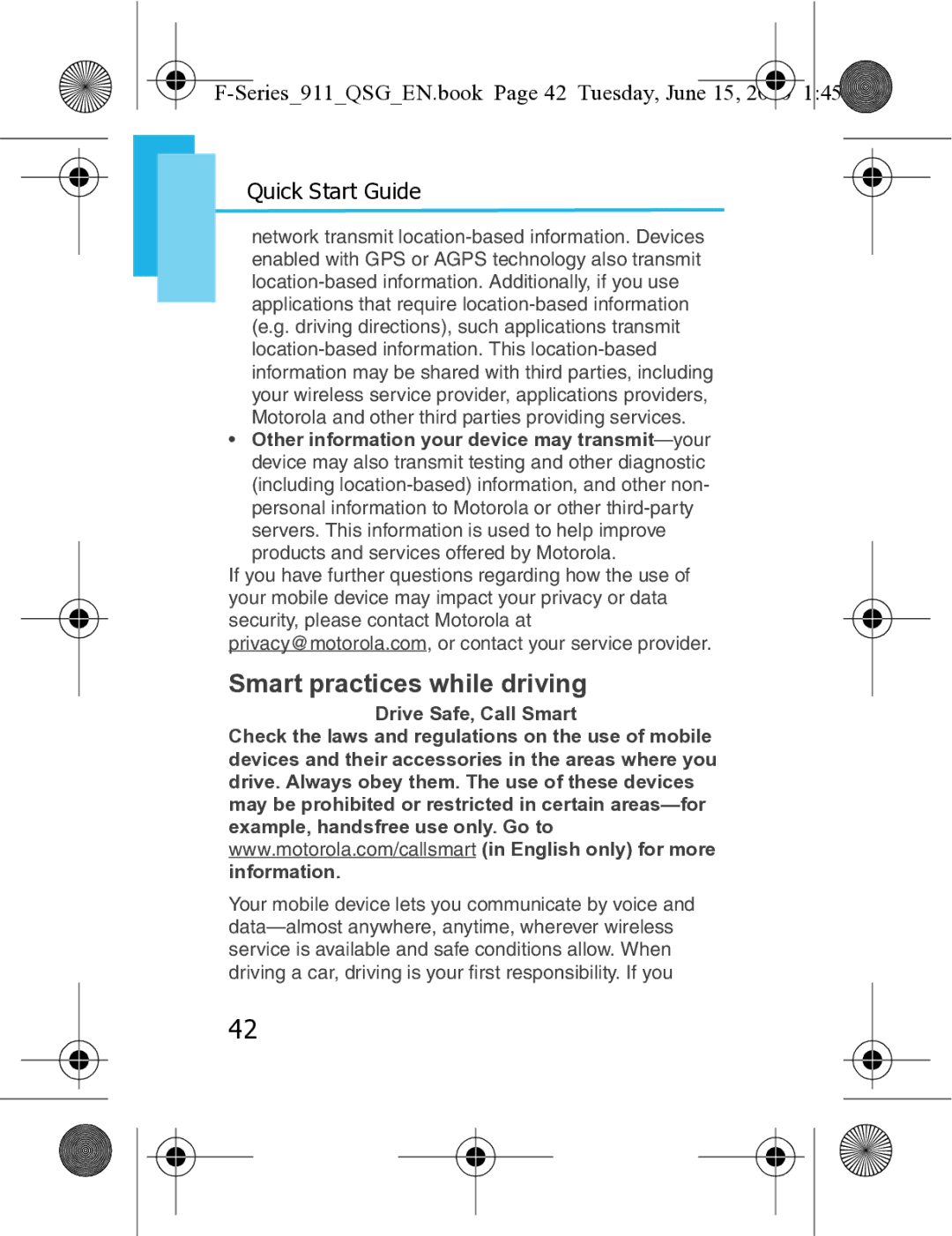 Motorola XT3 quick start Smart practices while driving, Series911QSGEN.book Page 42 Tuesday, June 15 