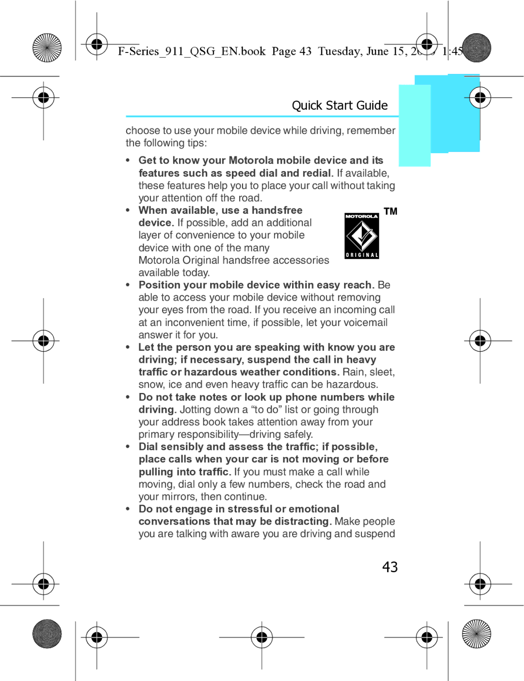 Motorola XT3 quick start Series911QSGEN.book Page 43 Tuesday, June 15 