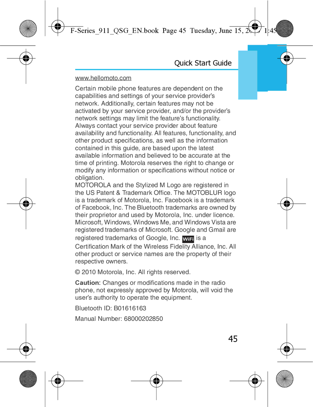 Motorola XT3 quick start Series911QSGEN.book Page 45 Tuesday, June 15 