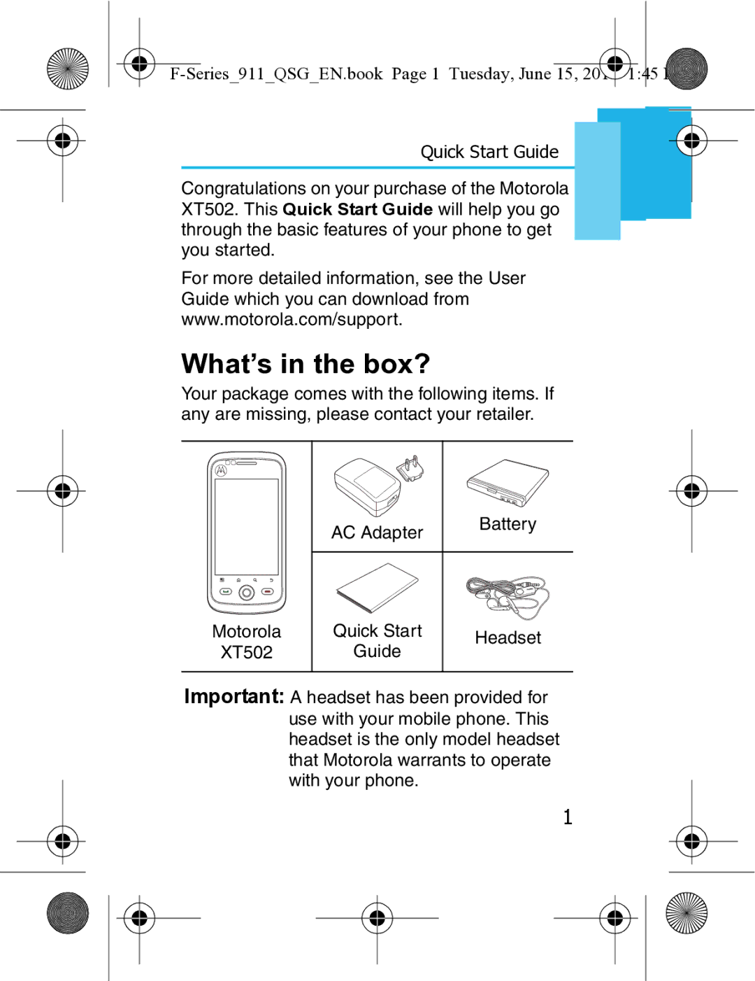 Motorola XT3 quick start What’s in the box?, Quick Start Guide 