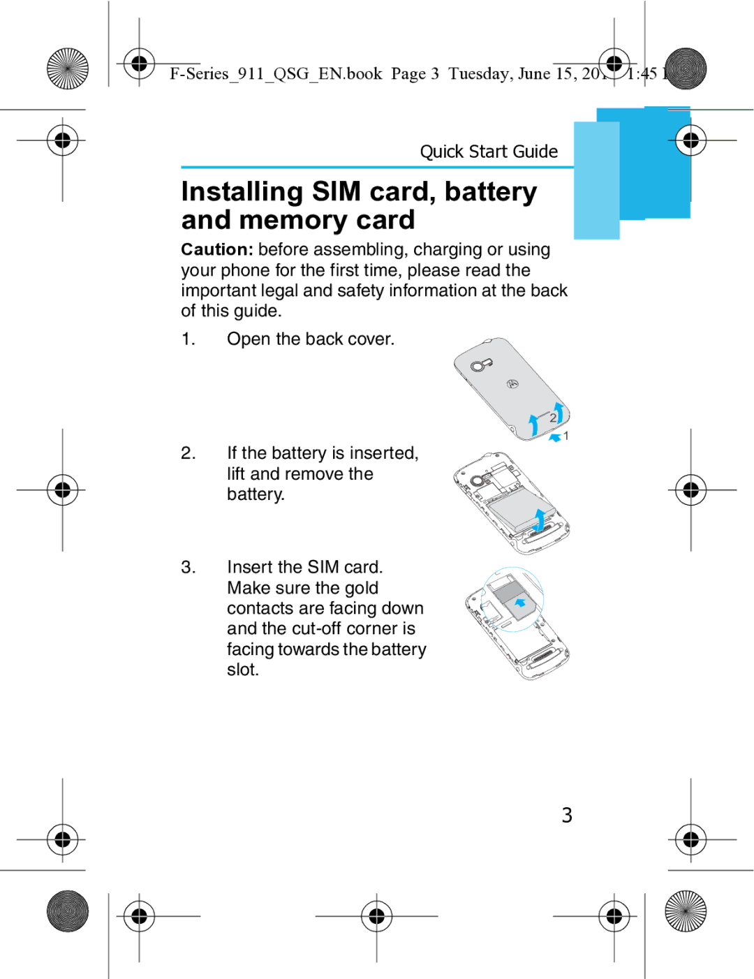 Motorola XT3 quick start Installing SIM card, battery and memory card, Series911QSGEN.book Page 3 Tuesday, June 145 