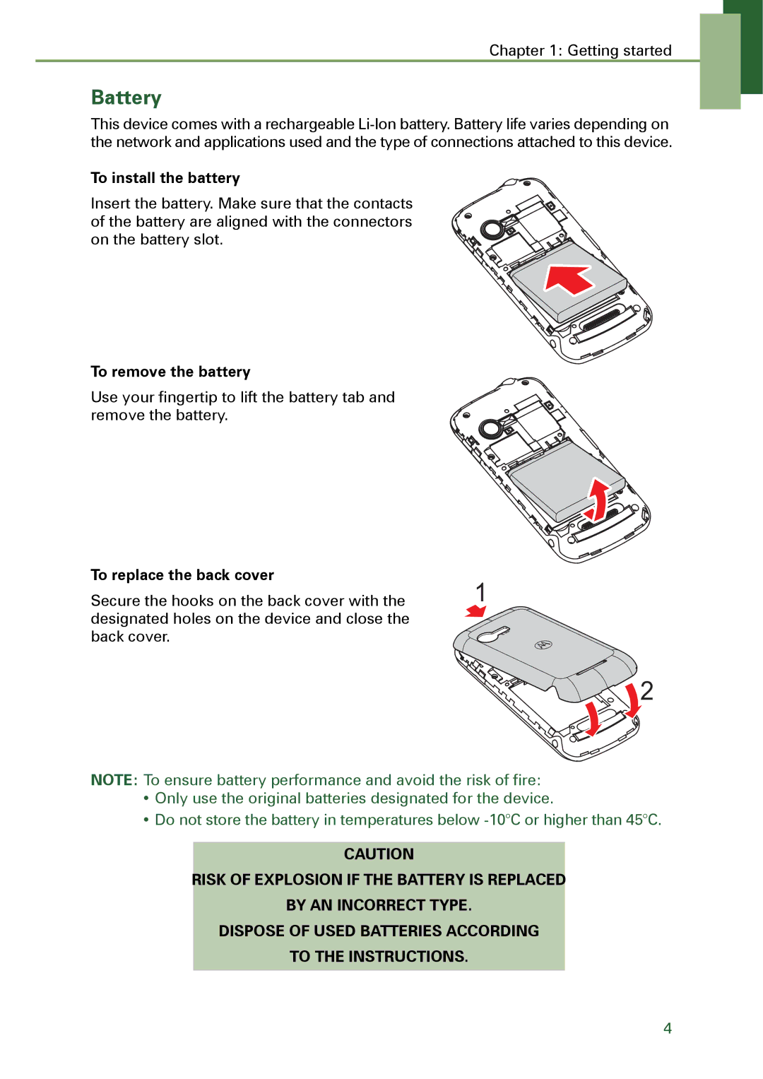 Motorola XT502 manual Battery, To install the battery, To remove the battery, To replace the back cover 