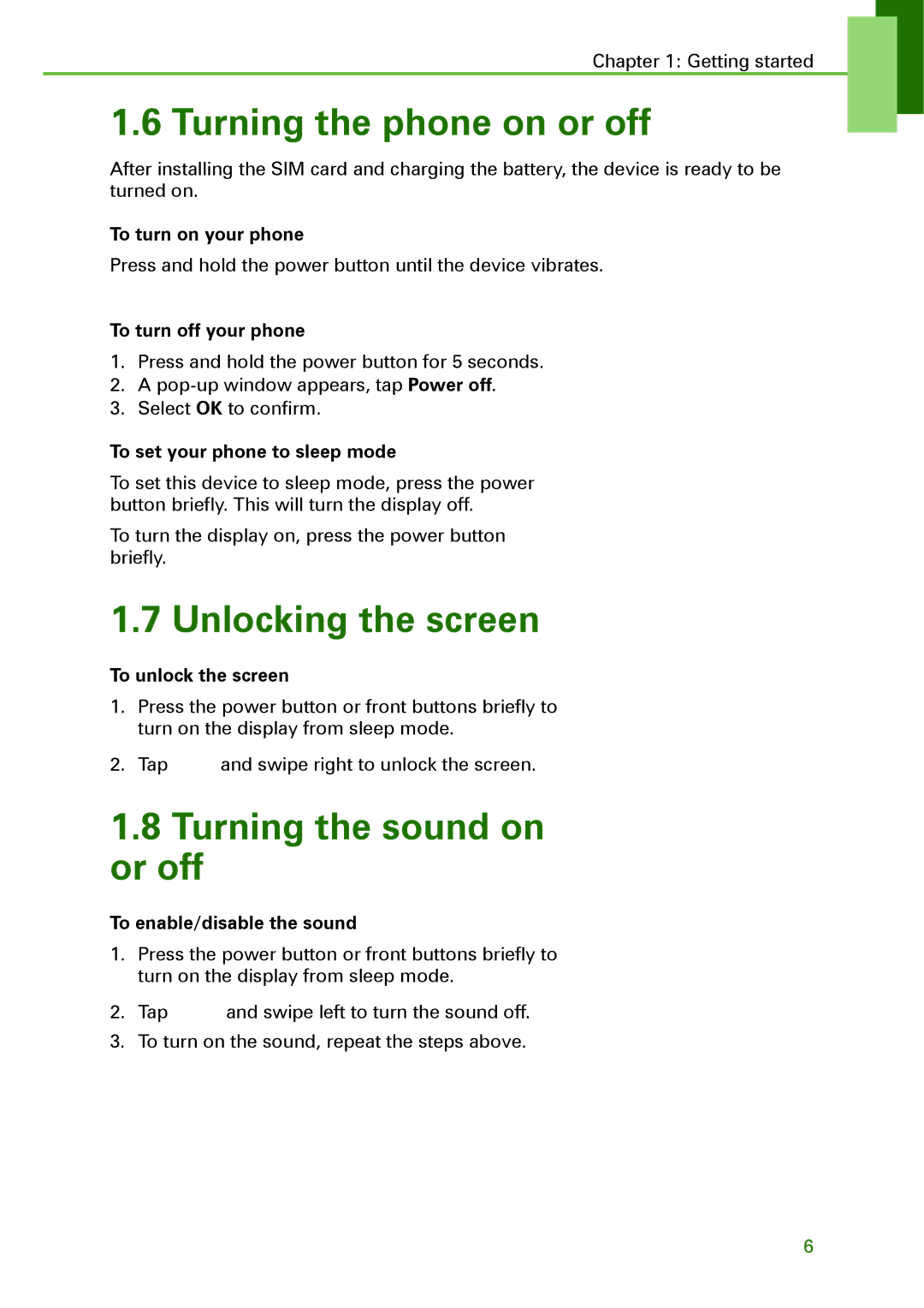 Motorola XT502 manual Turning the phone on or off, Unlocking the screen, Turning the sound on or off 