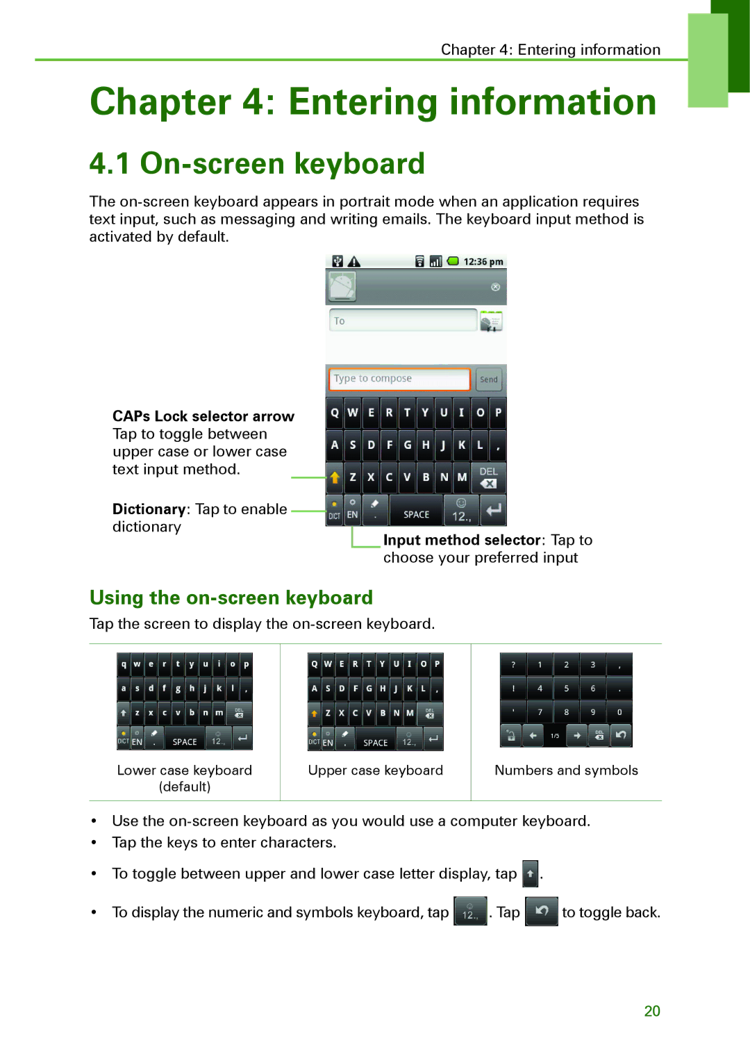 Motorola XT502 manual Entering information, On-screen keyboard, Using the on-screen keyboard 