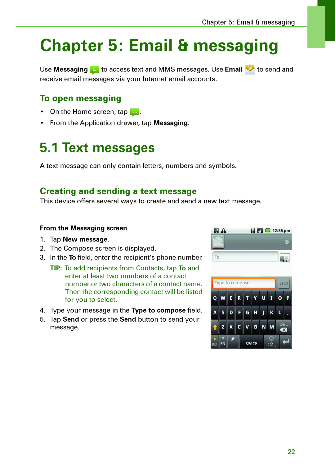 Motorola XT502 manual Email & messaging, Text messages, To open messaging, Creating and sending a text message 